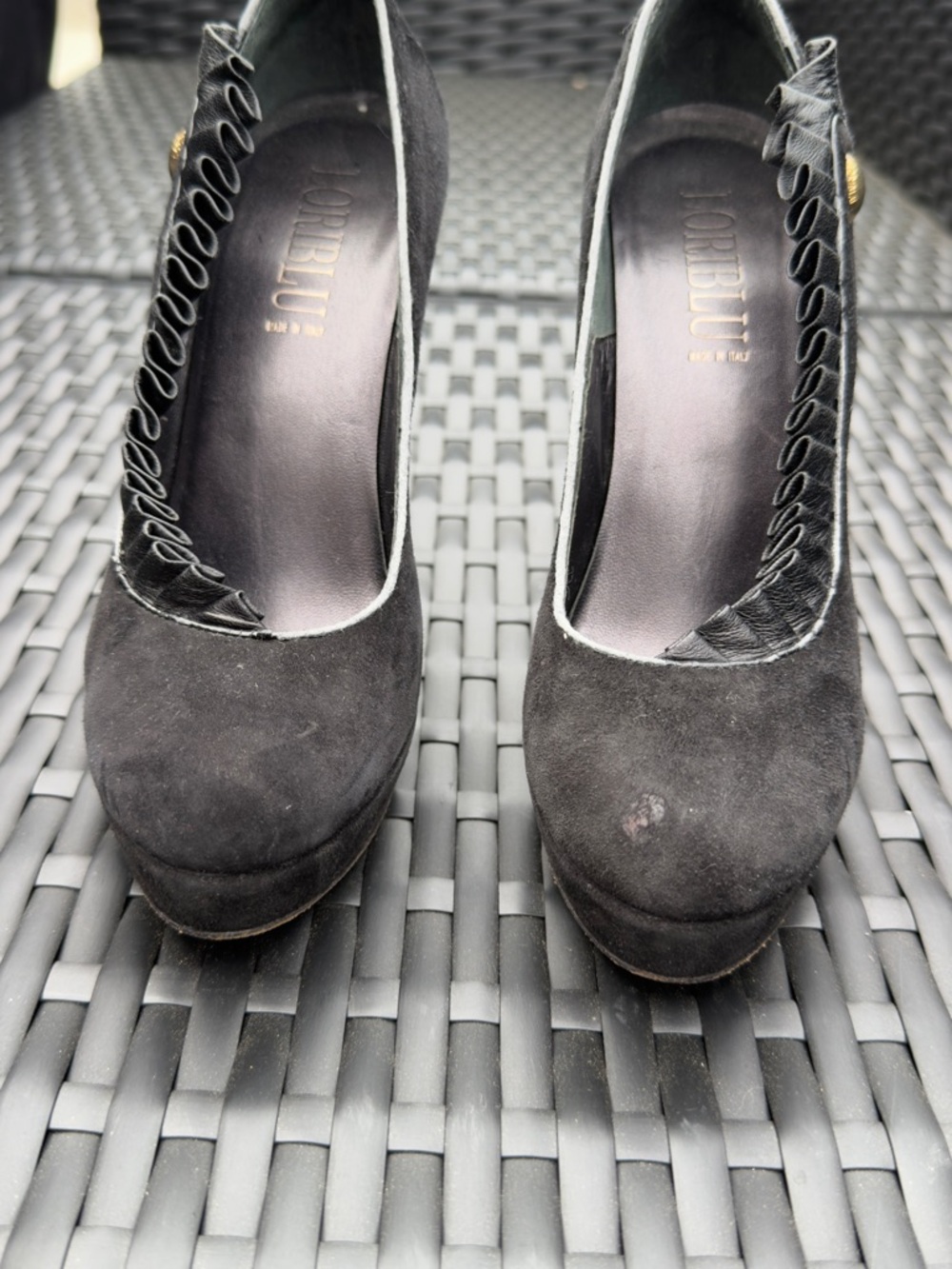 L'orneblu Black Suede Platform Pumps with Ruffle Trim